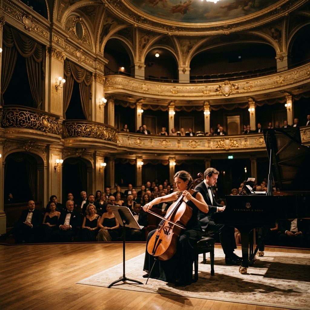 Classical pianist and cellist performing on a warm lit historic theater stage