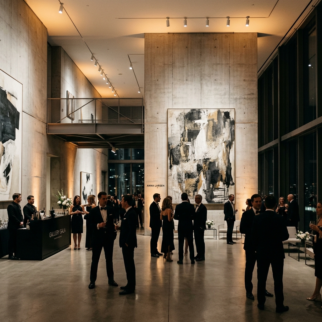 Minimalist corporate gala dinner in a modern high-ceiling art gallery