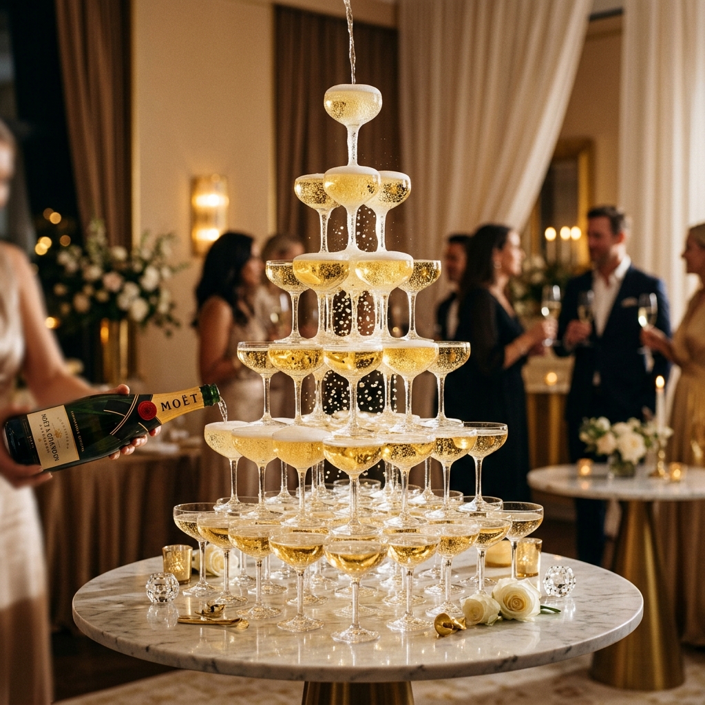 Close-up of champagne glasses on a marble table with elegant golden bubbles