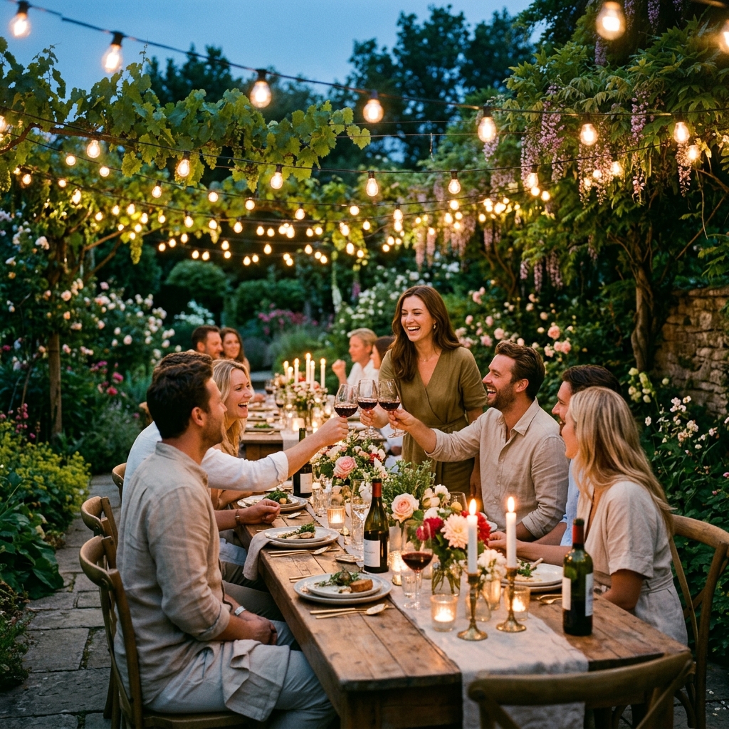 Cozy outdoor twilight garden dinner party under warm string lights