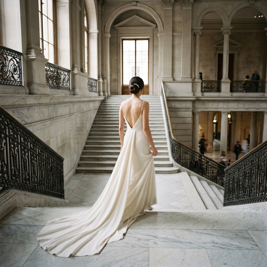 Bride in modern minimalist silk wedding gown walking down marble staircase