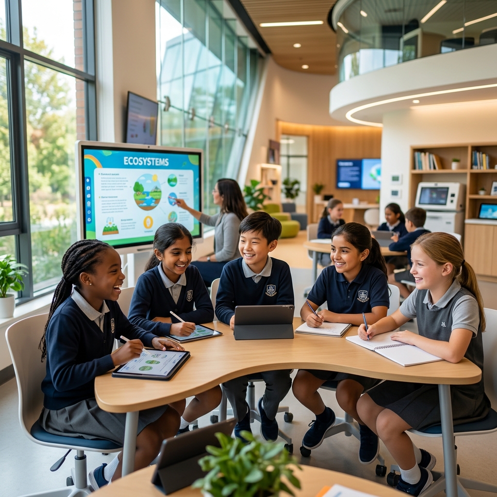 Kids Joy students in a modern smart classroom